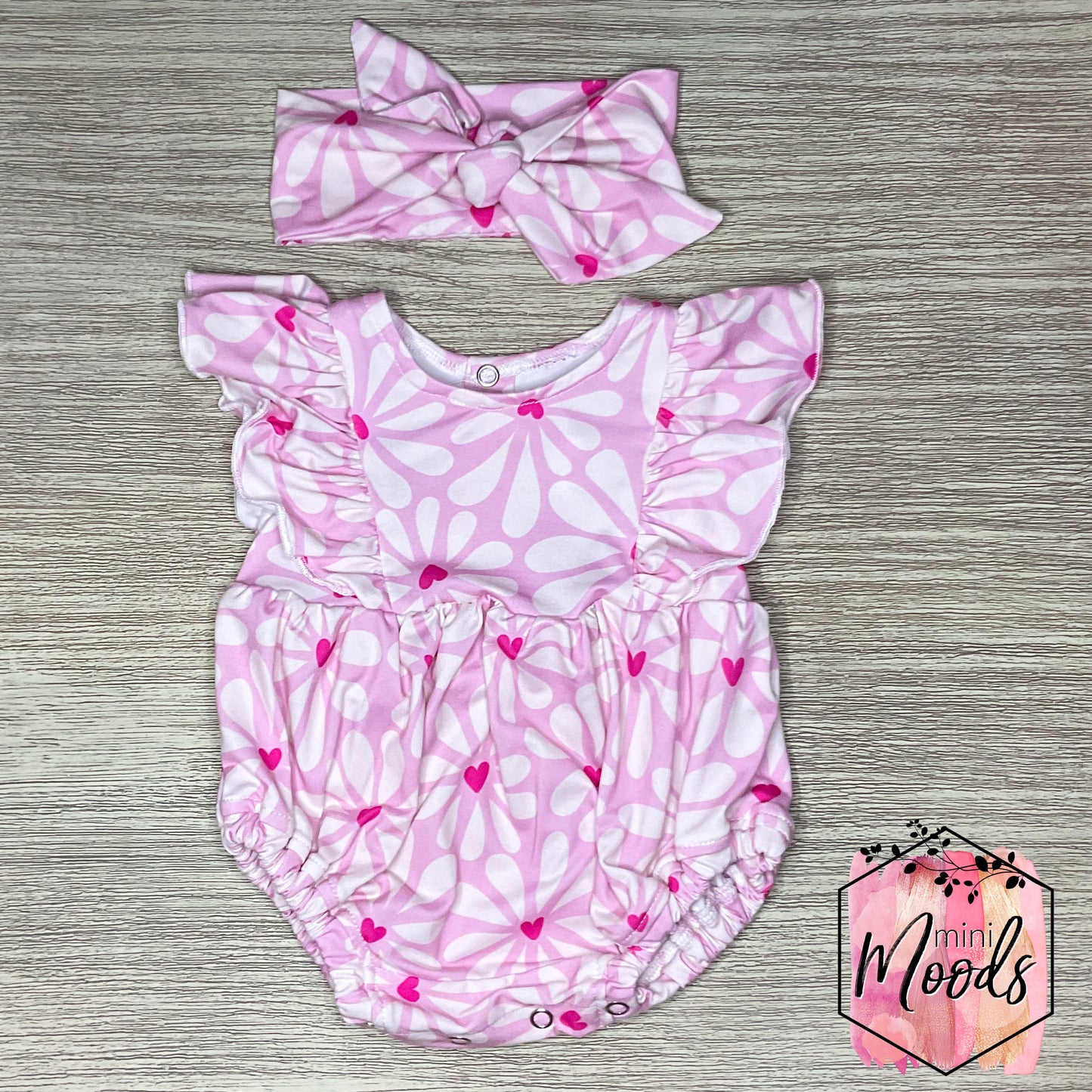 In Stock - Pink Hearts & Blooms Bubble Romper 0-3 M