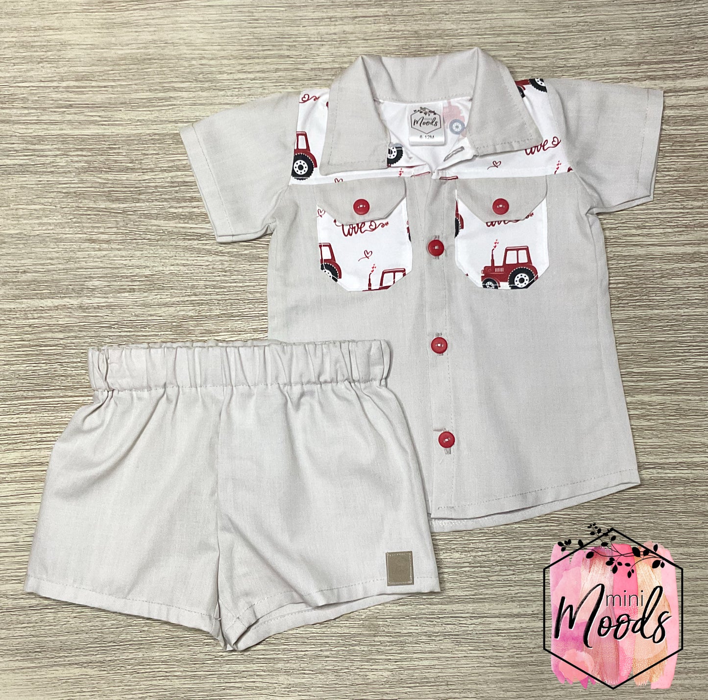 In Stock - Khaki Set Red Tractor Shirt & Shorts Outfit 6-12 M