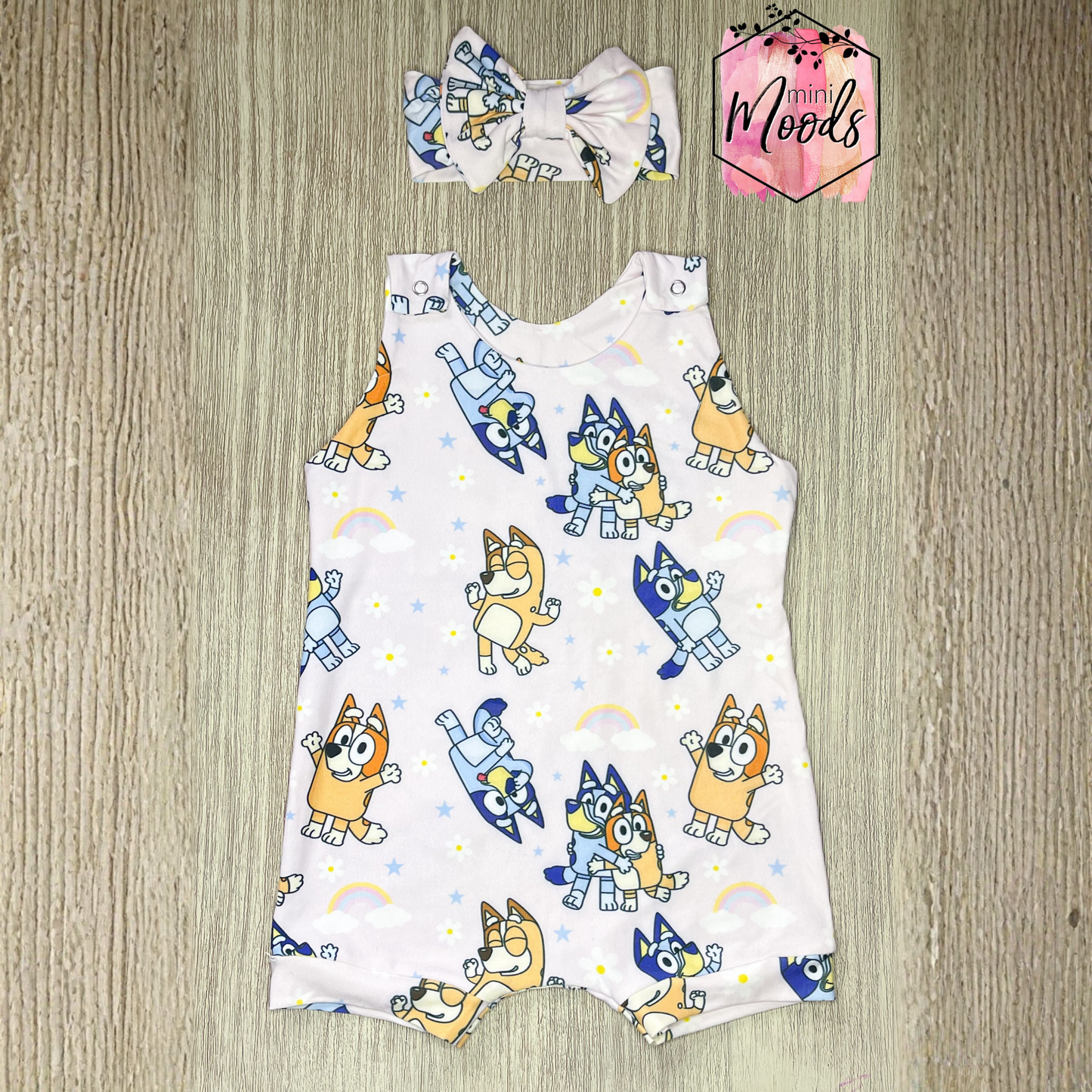 In Stock - Bluey-Inspired Baby Romper & Bow Set 9-12 M